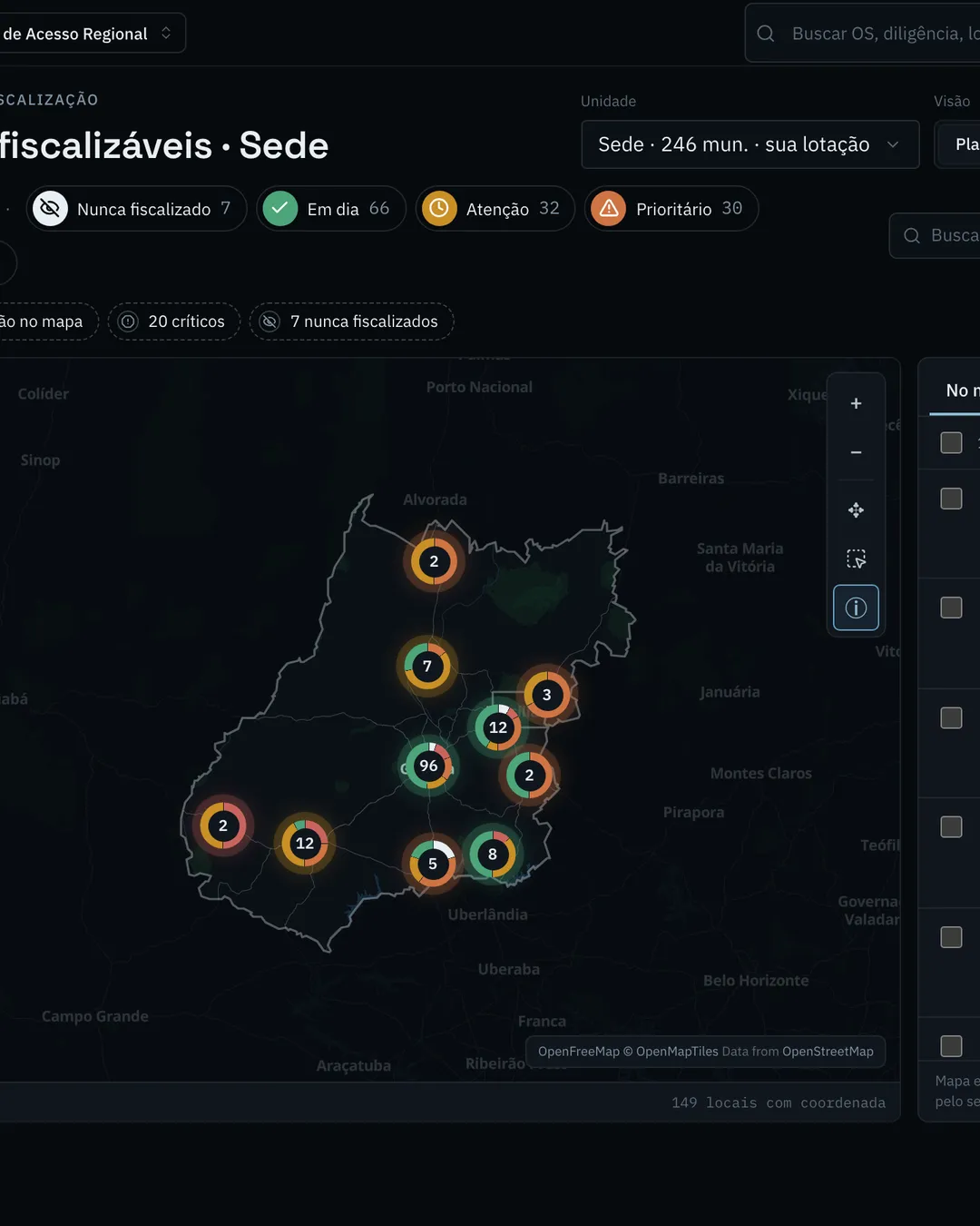 Mapa da fiscalização do sistema, com locais fiscalizáveis, ordens de serviço e denúncias sobre o território de um Conselho de exemplo.