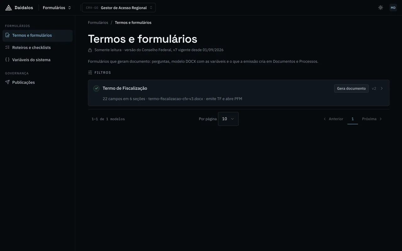 Tela de termos e formulários, com o Termo de Fiscalização e o modelo de documento que ele gera.